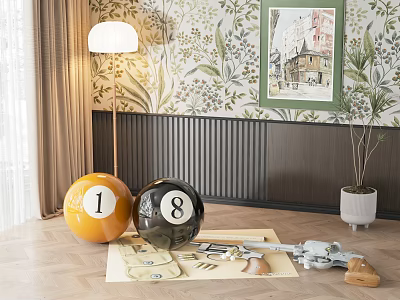 Decorative Ornament Set With Yellow No 1 Black No 8 Billiard Balls Keys Small Tools Floor Lamp Framed Painting Potted Plant 3d model
