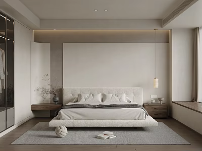 Minimalist Modern Bedroom Interior With Upholstered Bed Plush Pillows Area Rug And Pendant Light 3d model