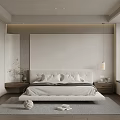 Minimalist Modern Bedroom Interior With Upholstered Bed Plush Pillows Area Rug And Pendant Light