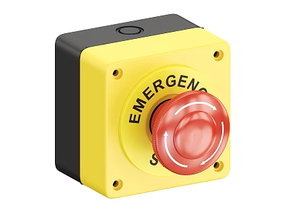 Industrial Emergency Stop Button With Yellow Housing And Red Mushroom Head 3d model
