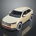 Beige Modern SUV Car With Front Grille Black Wheels And Reflection On Dark Background