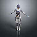 Futuristic Game Movie Character With Armored Suit Blue Silver Red Accents Standing Pose Shiny Surface