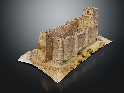 Cartoon Castle Scene Featuring Stone Built Towers Thick Walls And Sandy Base With Vegetation 3d model