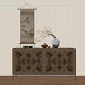 Wooden Entryway Console Cabinet With Geometric Pattern Doors Vase Small Bowls And Fruits On Top