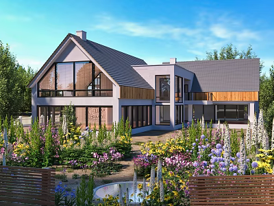 Modern Detached House Exterior With Large Windows Garden Colorful Flowers Wooden Accents And Sloped Roof 3d model