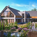 Modern Detached House Exterior With Large Windows Garden Colorful Flowers Wooden Accents And Sloped Roof