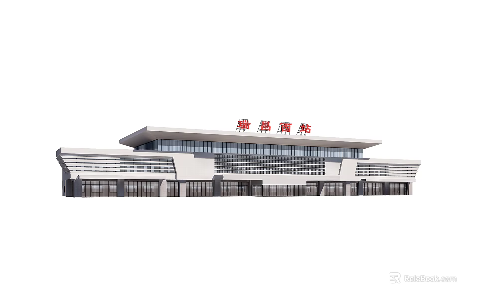 Modern Architecture of Linyou South Railway Station Building Exterior With Glass Facade And Roof Structure 3d model 