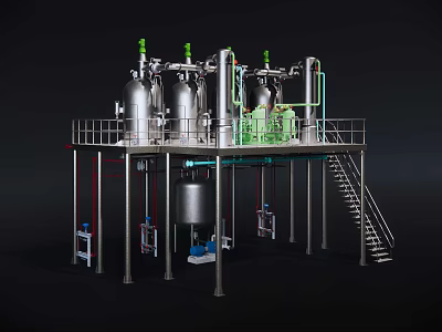 Industrial Equipment With Multiple Stainless Steel Tanks Green Pipelines Platform Structure And Staircase Access 3d model
