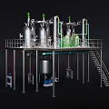 Industrial Equipment With Multiple Stainless Steel Tanks Green Pipelines Platform Structure And Staircase Access