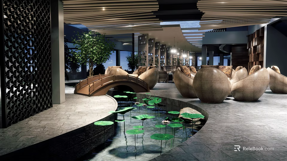 Chinese Style Teahouse Interior With Lotus Pond Wicker Seats And Wooden Decorative Bridge 3d model 