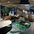 Chinese Style Teahouse Interior With Lotus Pond Wicker Seats And Wooden Decorative Bridge