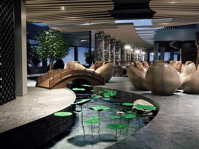 Chinese Style Teahouse Interior With Lotus Pond Wicker Seats And Wooden Decorative Bridge 3d model