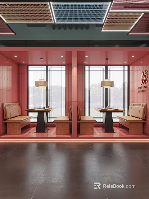 Modern Restaurant Interior With Red Walls Large Windows Hanging Lamps Bench Seats And Tables 3d model 