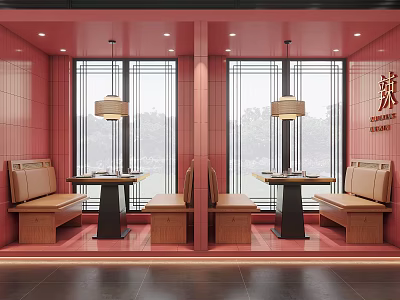 Modern Restaurant Interior With Red Walls Large Windows Hanging Lamps Bench Seats And Tables 3d model