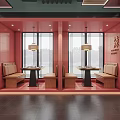 Modern Restaurant Interior With Red Walls Large Windows Hanging Lamps Bench Seats And Tables