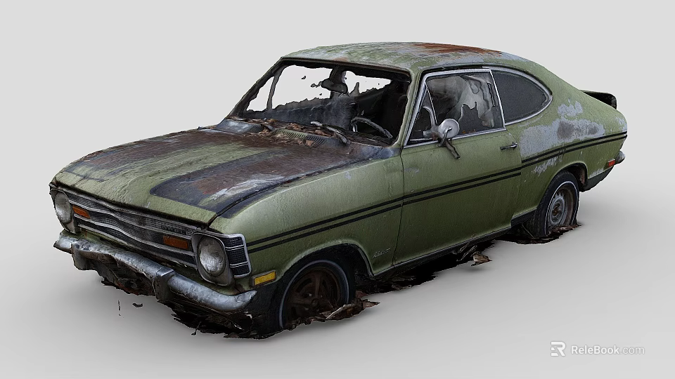 Rusty Old Green Abandoned Vintage Car With Broken Windows And Dust 3d model 