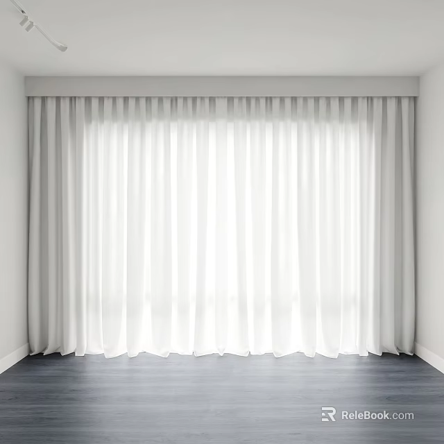 White Curtains Covering Full Window in Room With White Walls and Dark Wooden Floor 3d model 