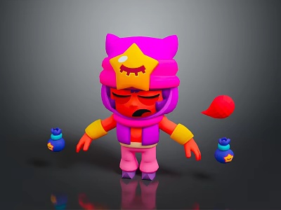 Cartoon Character with Pink Cat Ear Hat Yellow Star Angry Expression Blue Bottles Red Item in Air 3d model