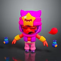 Cartoon Character with Pink Cat Ear Hat Yellow Star Angry Expression Blue Bottles Red Item in Air