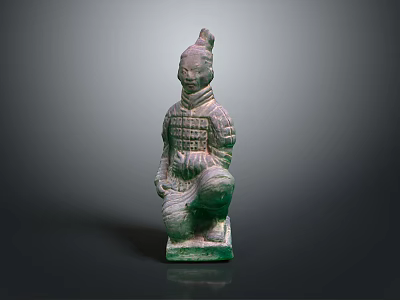 Ancient Chinese Kneeling Terracotta Sculpture With Green Hue And Intricate Armor Details 3d model