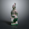 Ancient Chinese Kneeling Terracotta Sculpture With Green Hue And Intricate Armor Details