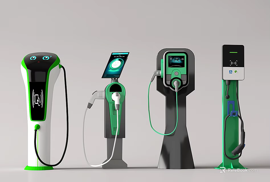 Public Electric Vehicle Charging Stations With Modern Designs And Digital Interfaces 3d model