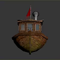 Wooden Boat With Red Flag And Fish Shaped Decoration On Deck