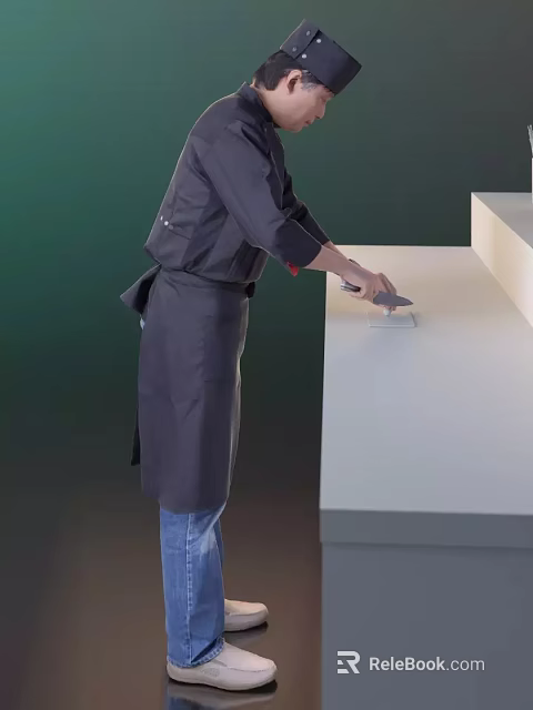 Man Wearing Black Apron Using Tool To Work On White Countertop Surface 3d model