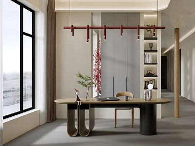 Elegant Modern Tea Room Interior With Wooden Tea Table Chair Potted Plant And Pendant Lighting 3d model
