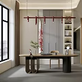 Elegant Modern Tea Room Interior With Wooden Tea Table Chair Potted Plant And Pendant Lighting