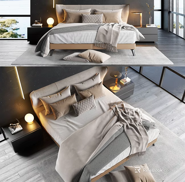 Elegant Modern Double Bed With Soft Pillows Cozy Blanket And Bedside Tables With Lamps 3d model 