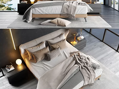 Elegant Modern Double Bed With Soft Pillows Cozy Blanket And Bedside Tables With Lamps 3d model