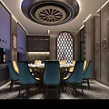 Elegant Chinese Style Private Dining Room With Round Table Blue Yellow Chairs Ornate Ceiling Decorations