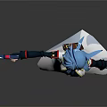 Anime Female Character With Blue Hair Holding Gun And Yellow Sash Outfit On Gray Background