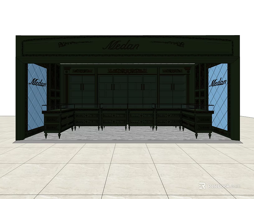 Madlen Mall Store With Dark Green Facade Glass Windows And Display Counters 3d model 