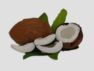 Fresh Coconut Whole And Split With White Flesh And Green Leaves 3d model