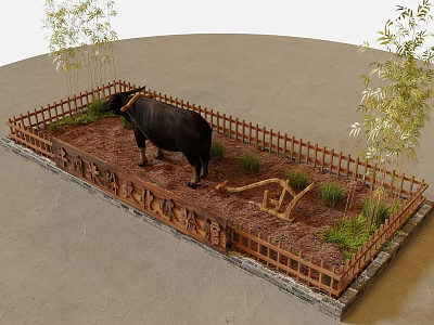 Rustic Outdoor Enclosure With Buffalo Wooden Fence Bamboo Plants Dirt And Grass 3d model