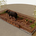 Rustic Outdoor Enclosure With Buffalo Wooden Fence Bamboo Plants Dirt And Grass