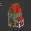 Cartoon Scene House Featuring Red Roof Stone Walls Wooden Door And Windows