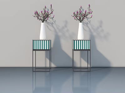 Stylish White Vases With Purple Flowers On Green Striped Tables Black Metal Stands Modern Minimalist 3d model