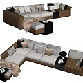 Beige Sectional Sofa With Decorative Pillows Throw Blanket And Side Tables 3d model