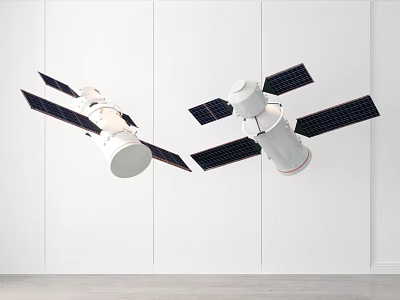 Two White Satellite Models With Solar Panels Against White Wall Background 3d model