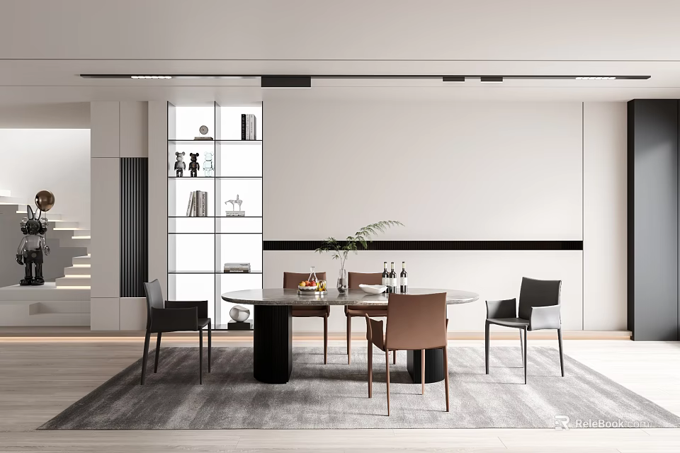 Modern Restaurant Interior With Round Dining Table Mixed Chairs Decorative Plant And Display Shelves 3d model 