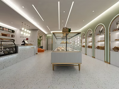 Modern Dessert Shop Interior Featuring Glass Display Cases Fresh Pastries And Wooden Shelves 3d model