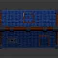 Cartoon Style House With Blue Roof Red Decorations Chimney And Stone Base