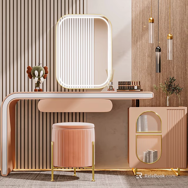 Modern Desk Interior Design With Striped Wall Pink Stool Mirror Shelf And Plant 3d model 
