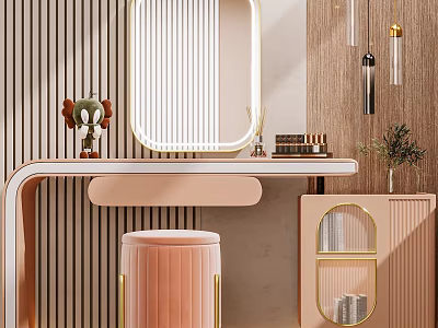 Modern Desk Interior Design With Striped Wall Pink Stool Mirror Shelf And Plant 3d model