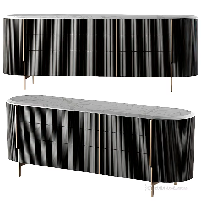 Modern TV Stand Featuring Black Striped Panels And Marble Top With Metal Legs 3d model 