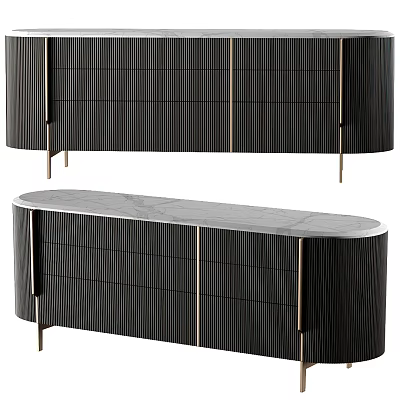Modern TV Stand Featuring Black Striped Panels And Marble Top With Metal Legs 3d model