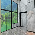 Modern Elevator Lobby With Marble Walls Large Windows And Lake Mountain View 3d model
